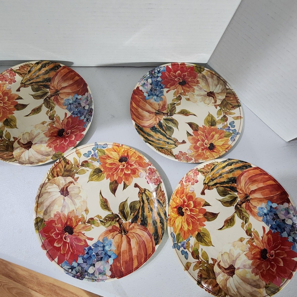 Harvest Pumpkin Melamine Salad Plates Set of 4 Fall Floral Thanksgiving 8.75"
